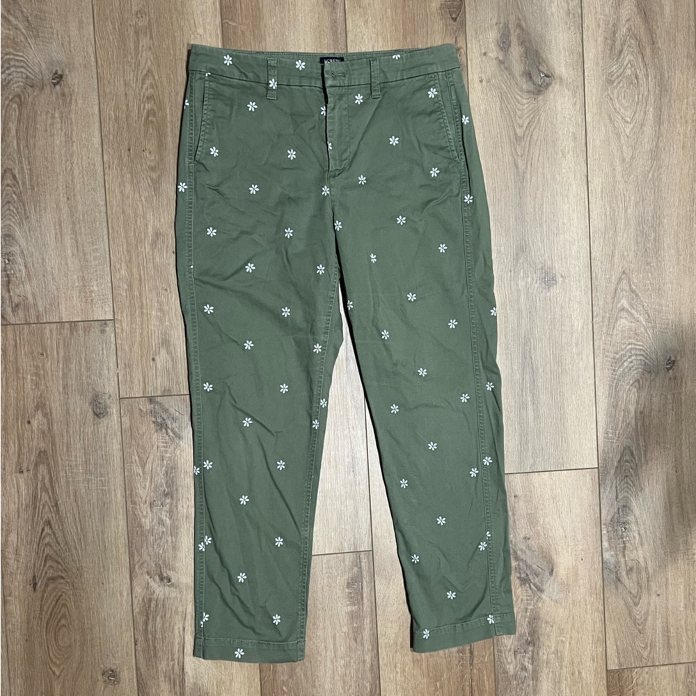 J. Crew Olive Pants with White Daisy Floral Design High-Rise Girlfriend Chino 8